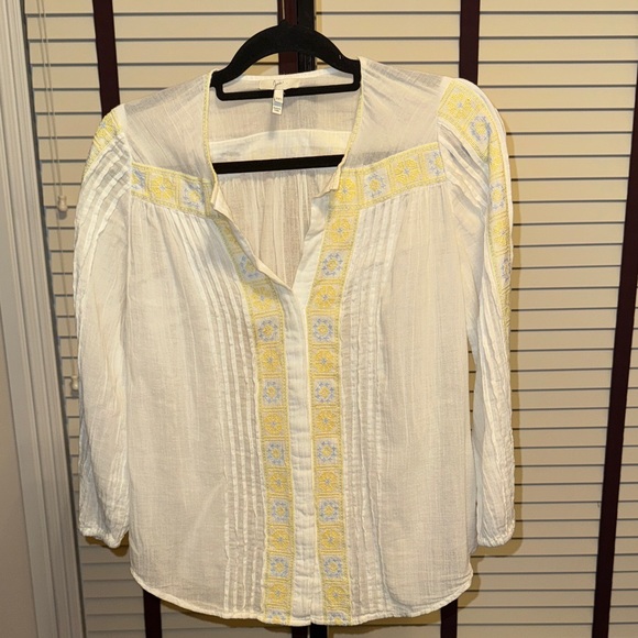 Joie Tops - Joie White and Yellow and Blue Embroidered Blouse